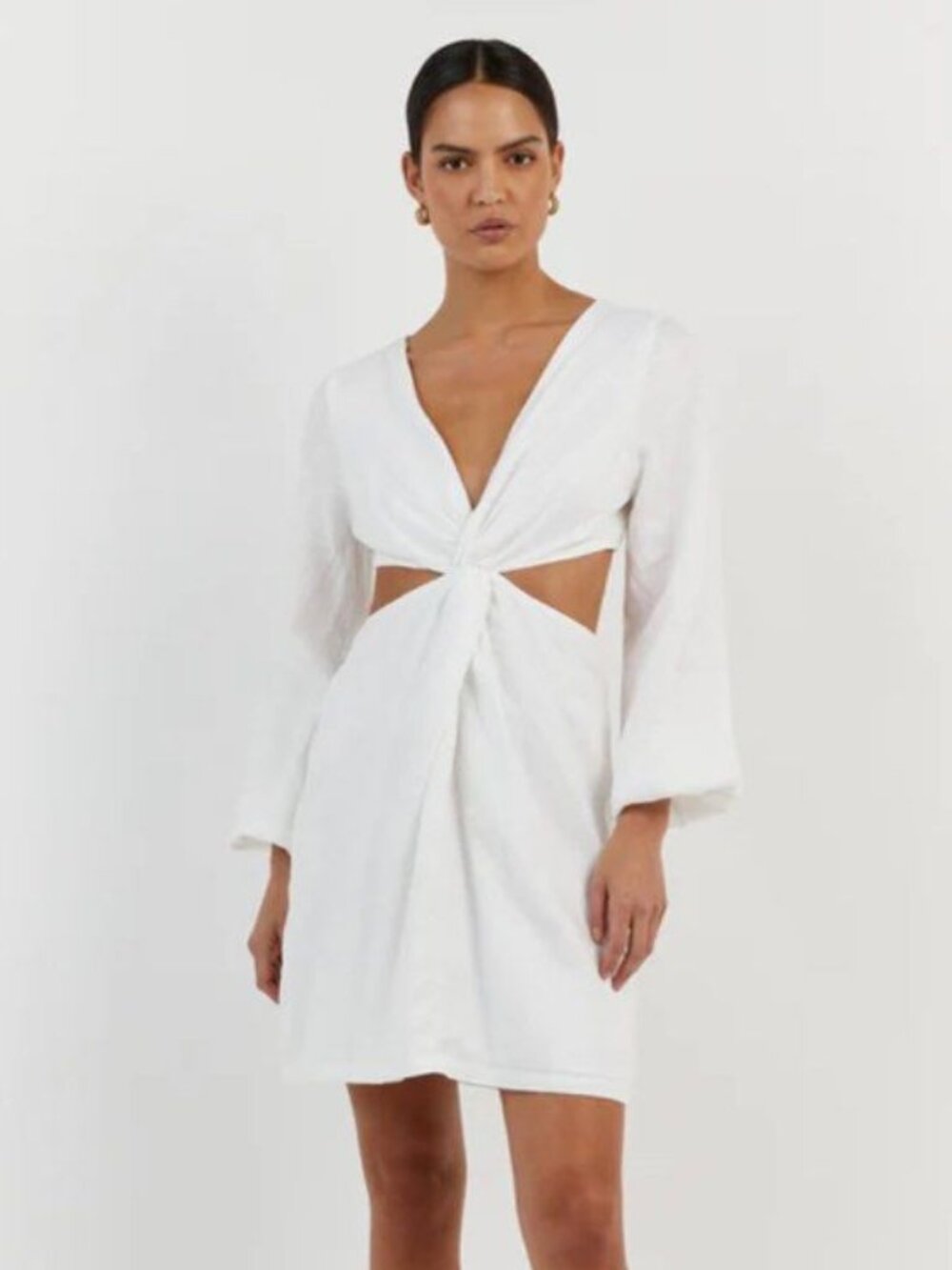 DISSH Tina White Twist Cutout Linen Mini Dress